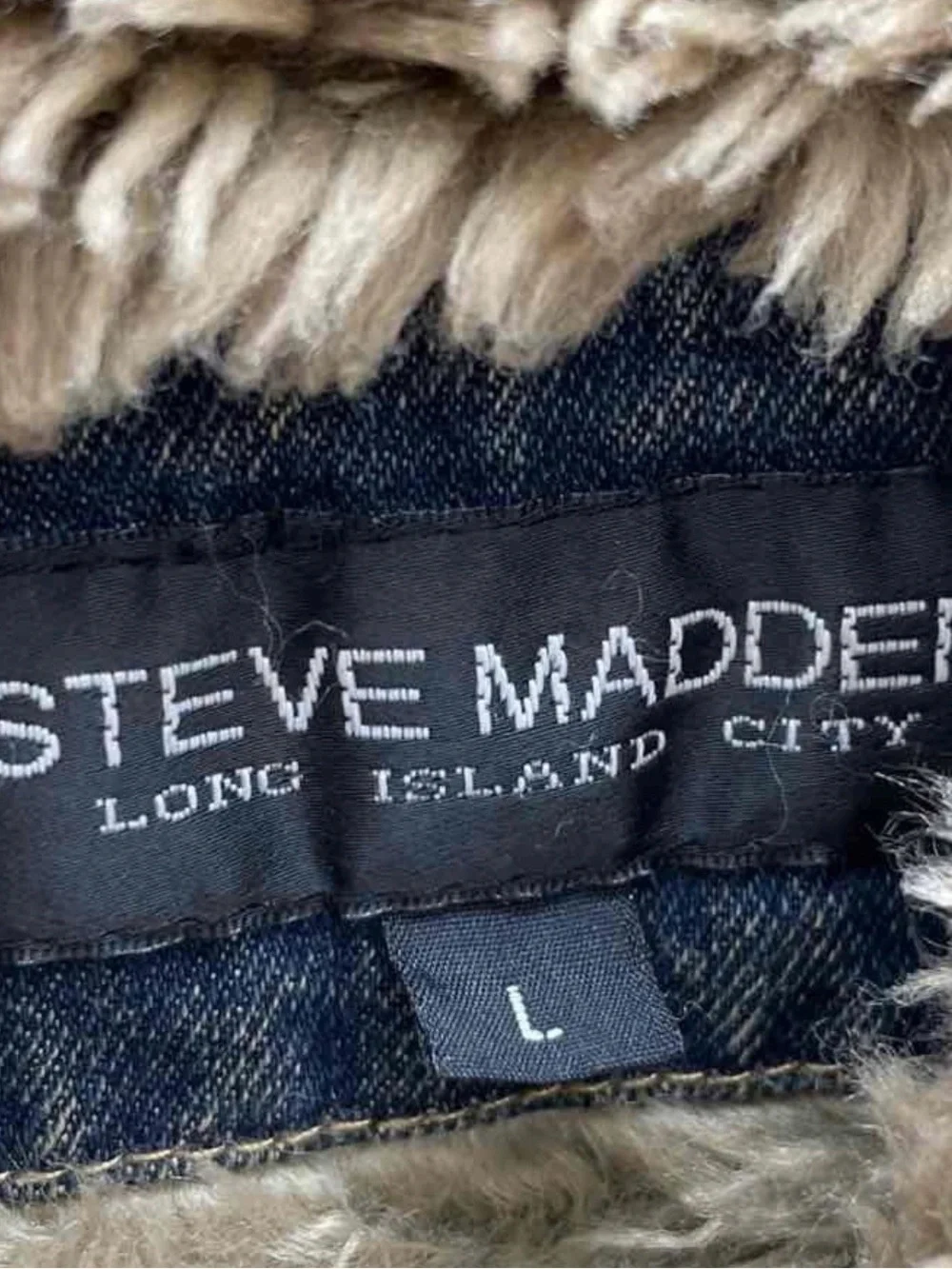 Steve Madden Denim Trench Coat with Faux Fur Trim in Blue and Tan
